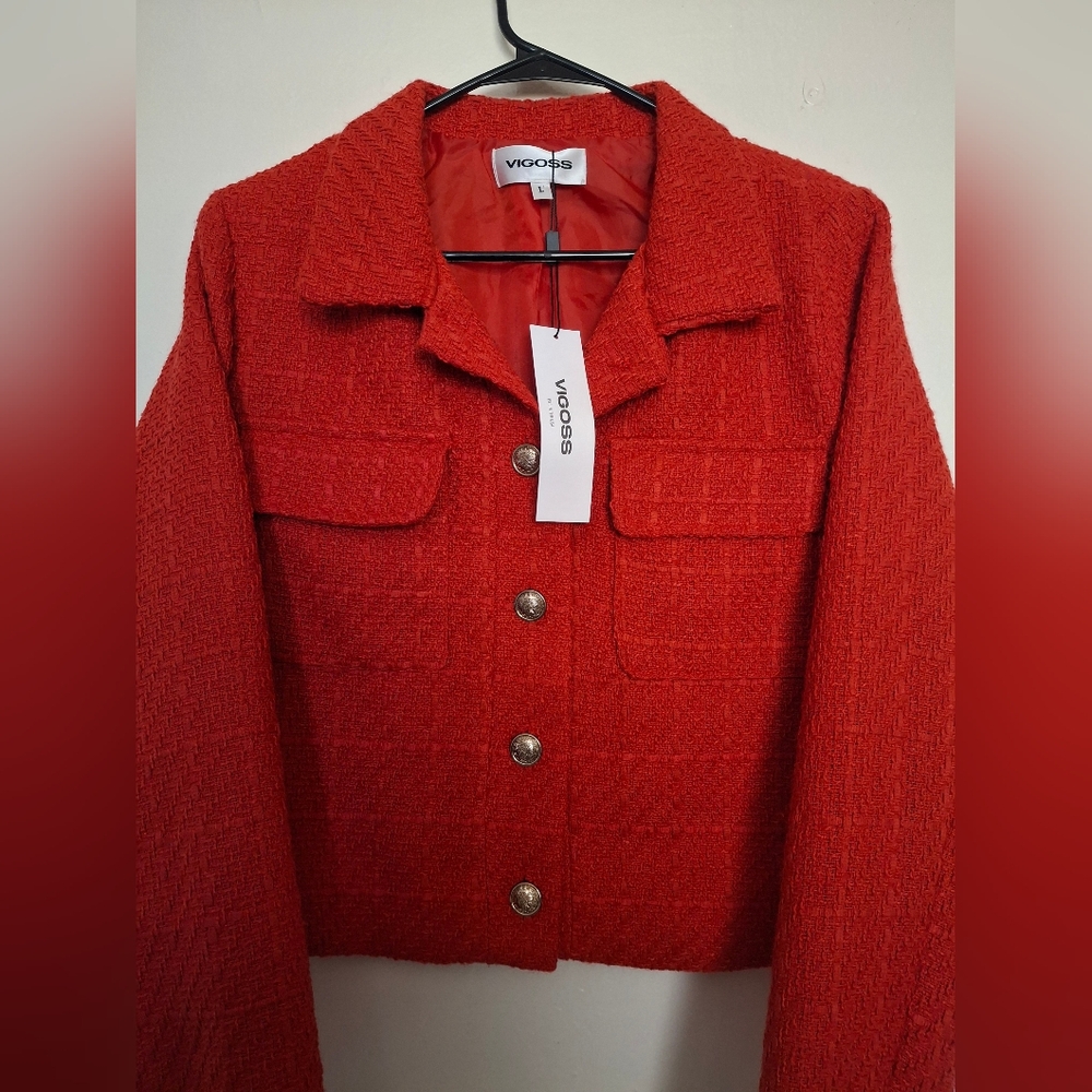 Vigoss NWT Women's Red Tweed Cropped Jacket - Picture 4 of 5